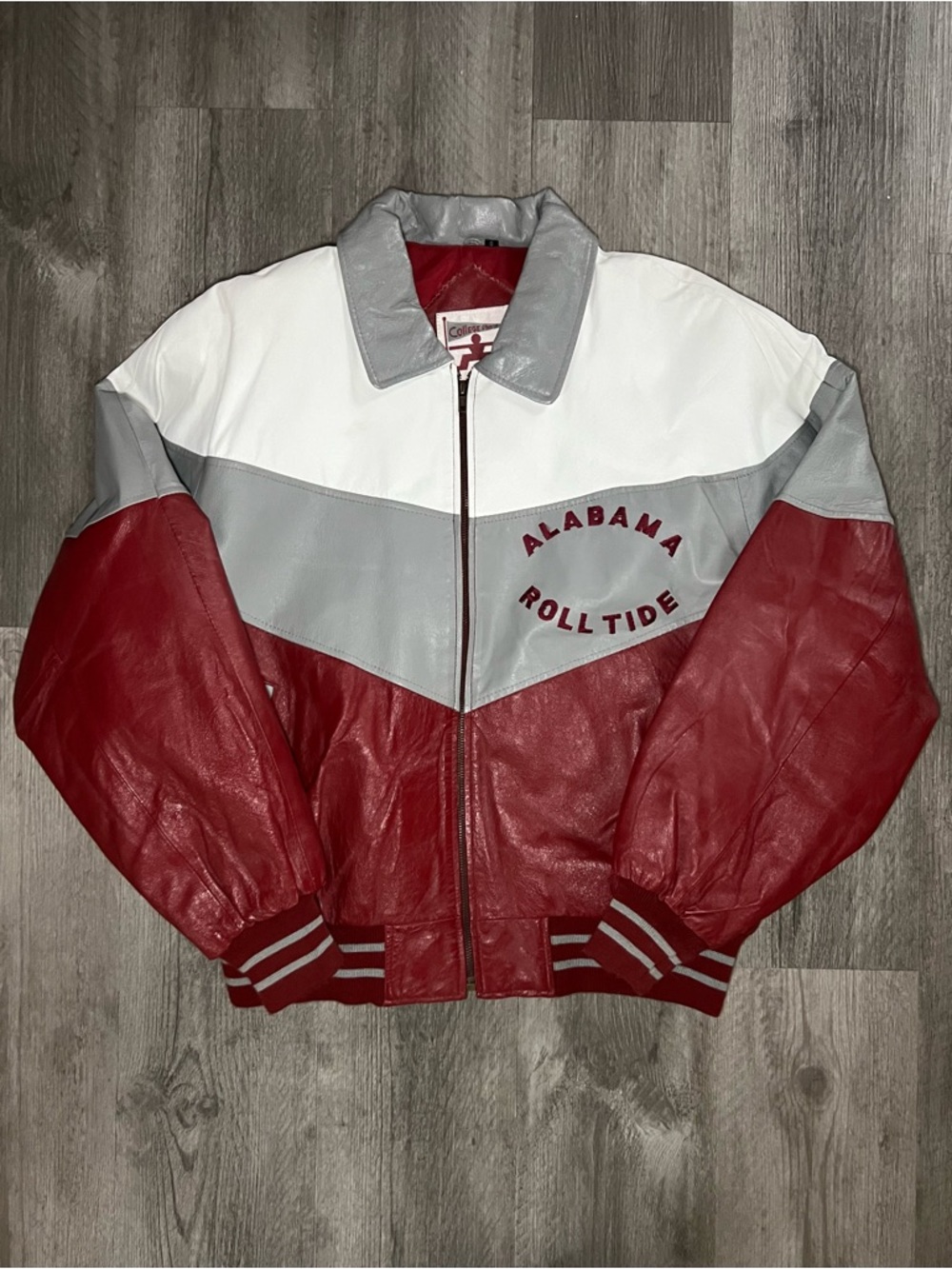 NCAA Alabama Crimson Tide Red Gray White Colorblock Leather Bomber Jacket
